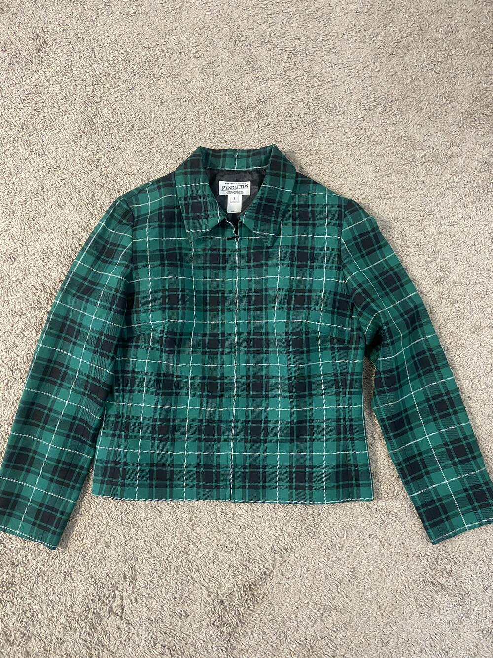 Pendleton Jacket Womens 8 Green Plaid 100% Virgin Wool Zip Front Made USA